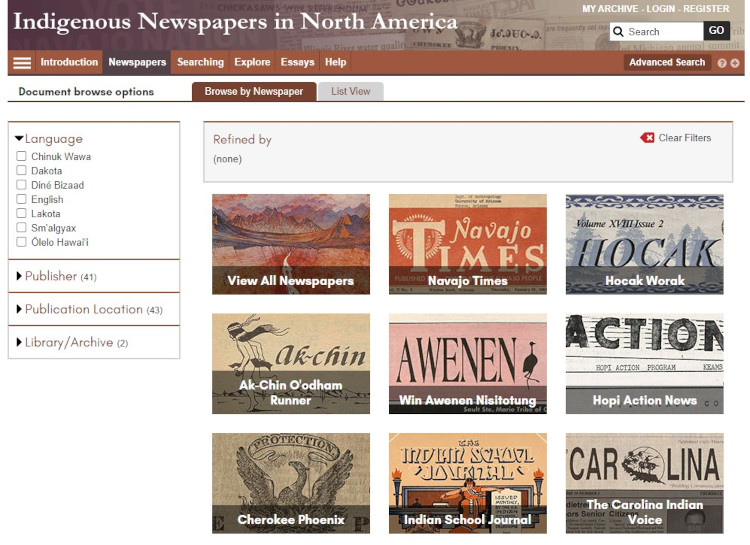 Screenshot showing the Newspapers homepage